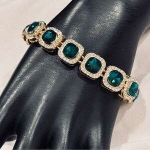 Boutique Green & Clear VVS CZ Halo Tennis Bracelet Gold Stainless Steel 7.5in